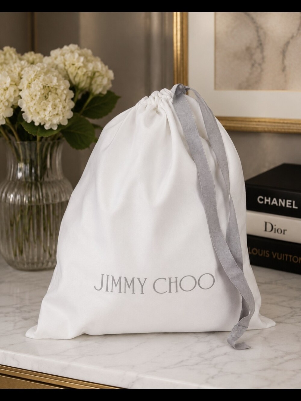 Jimmy Choo White and Gray Drastrunf Dust  Bag 13.5 X16.5 Approx